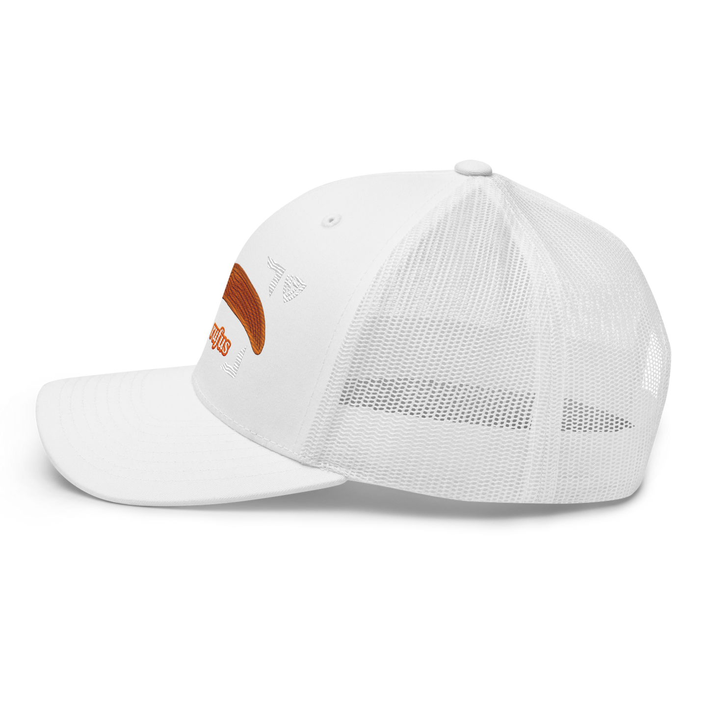 The Large Red Slug "Arion rufus" Embroidered White Trucker Hat Left Mockup