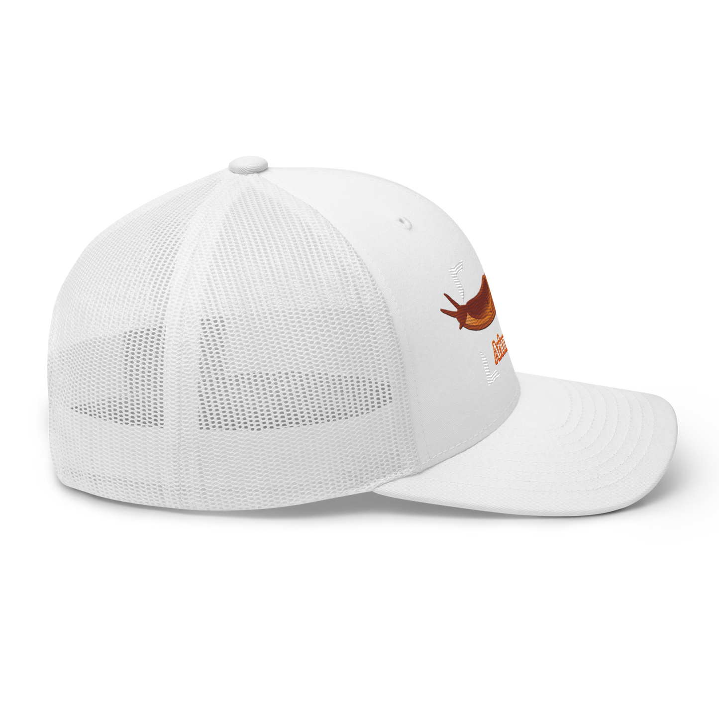 The Large Red Slug "Arion rufus" Embroidered White Trucker Hat Right Mockup