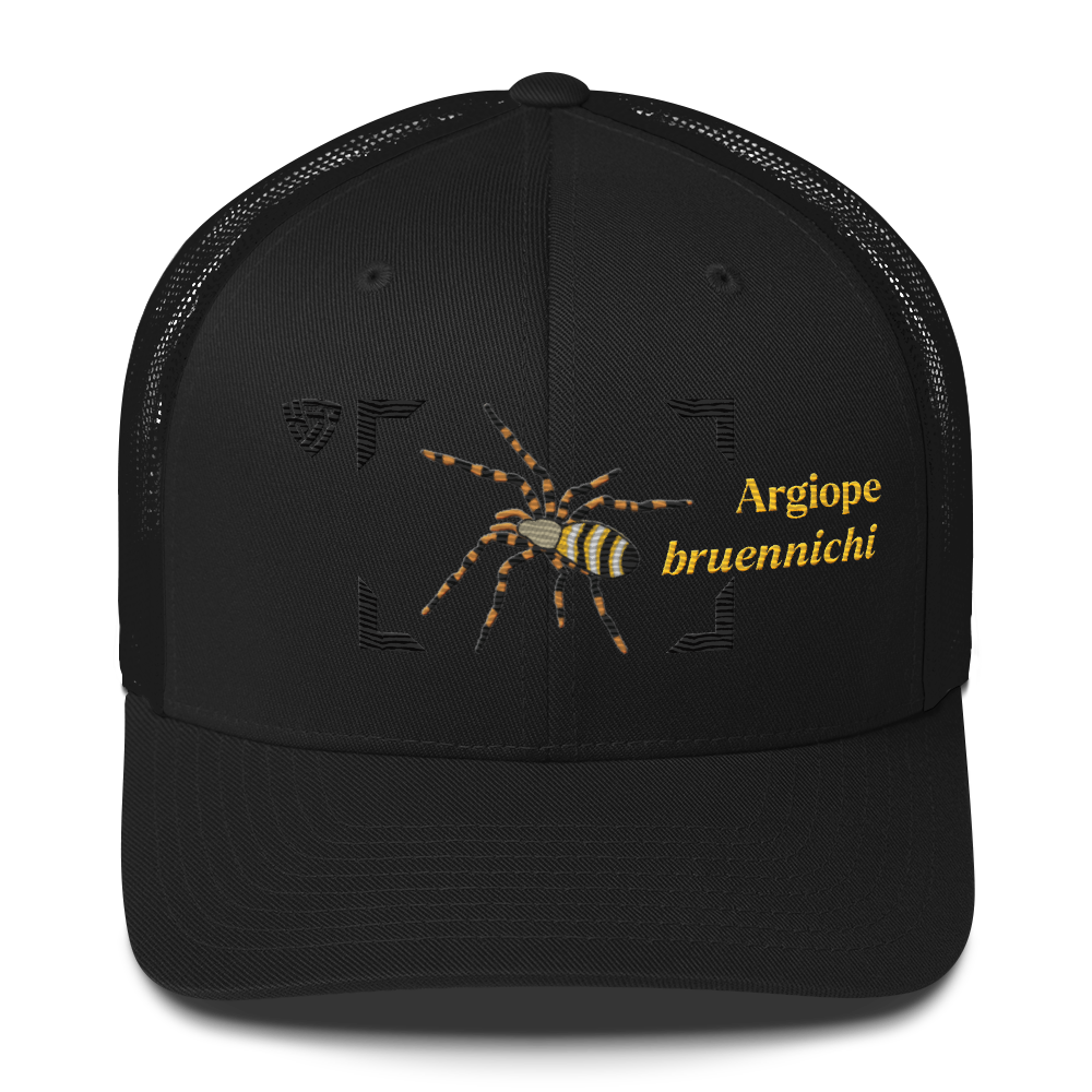 Wasp Spider "Argiope bruennichi" Embroidered Black Trucker Hat Front Mockup