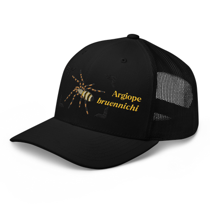 Wasp Spider "Argiope bruennichi" Embroidered Black Trucker Hat Left Front Mockup
