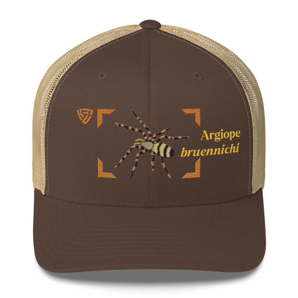 Wasp Spider "Argiope bruennichi" Embroidered Brown & Khaki Trucker Hat Front Mockup
