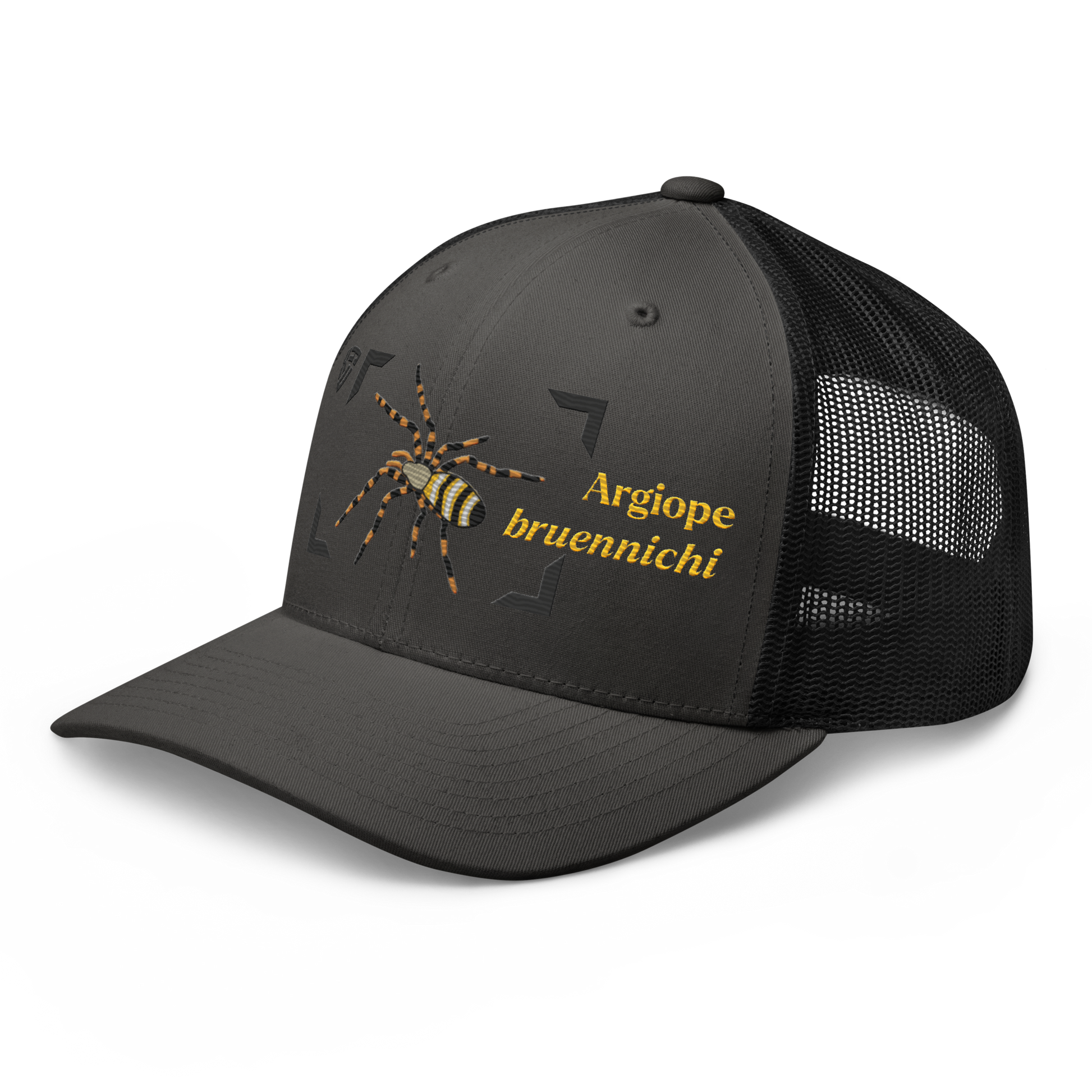 Wasp Spider "Argiope bruennichi" Embroidered Charcoal Grey & Black Trucker Hat Left Front View