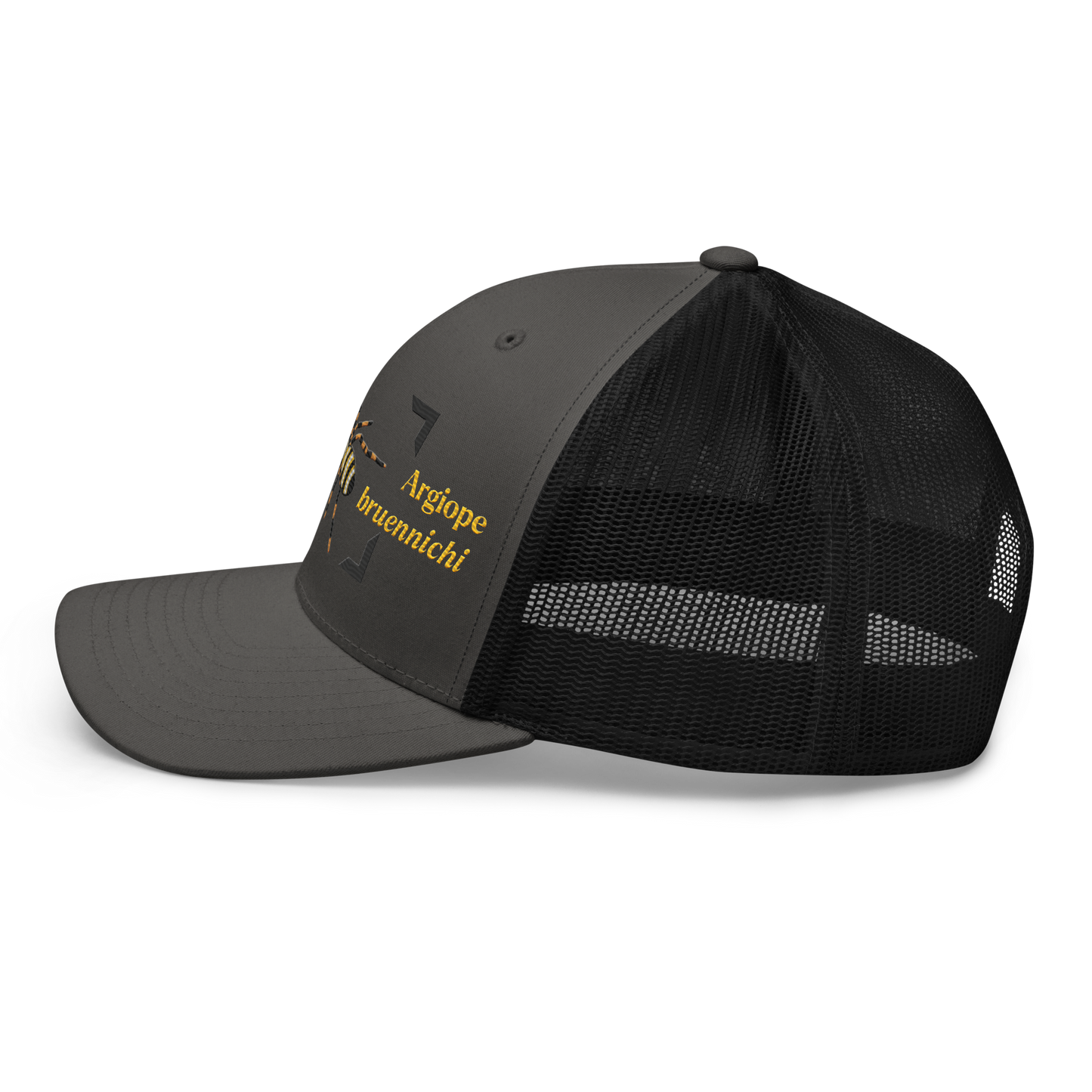 Wasp Spider "Argiope bruennichi" Embroidered Charcoal Grey & Black Trucker Hat Left View