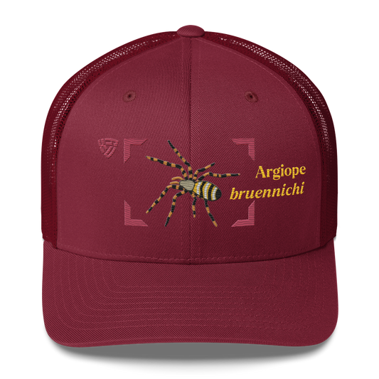 Wasp Spider "Argiope bruennichi" Embroidered Cranberry Red Trucker Hat Front Mockup