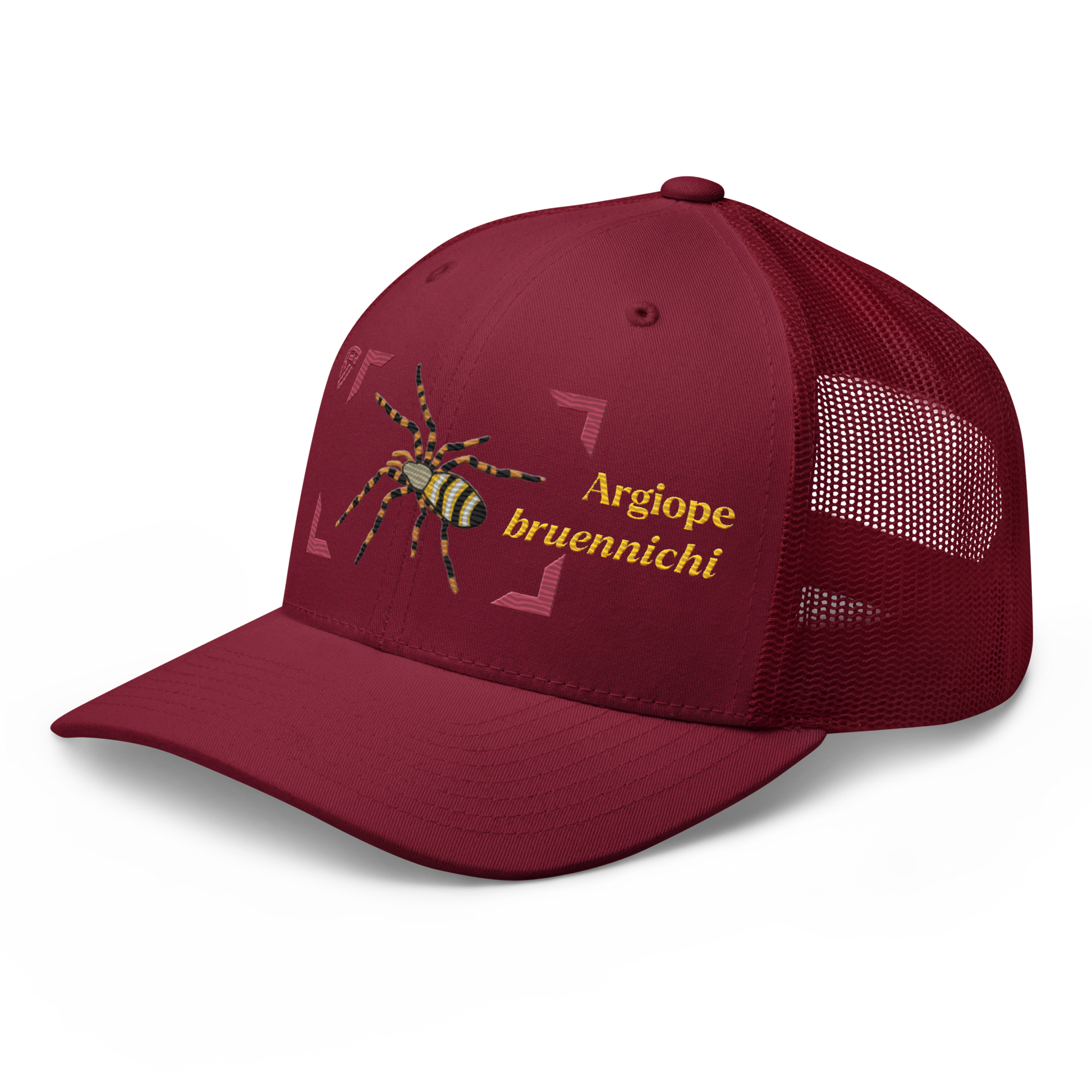 Wasp Spider "Argiope bruennichi" Embroidered Cranberry Red Trucker Hat Left Front Mockup