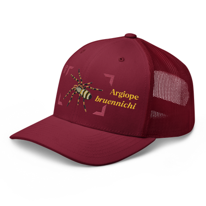 Wasp Spider "Argiope bruennichi" Embroidered Cranberry Red Trucker Hat Left Front Mockup