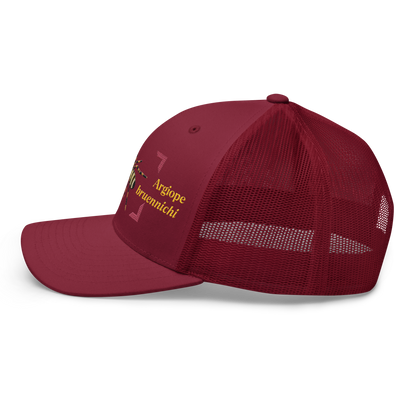 Wasp Spider "Argiope bruennichi" Embroidered Cranberry Red Trucker Hat Left Mockup