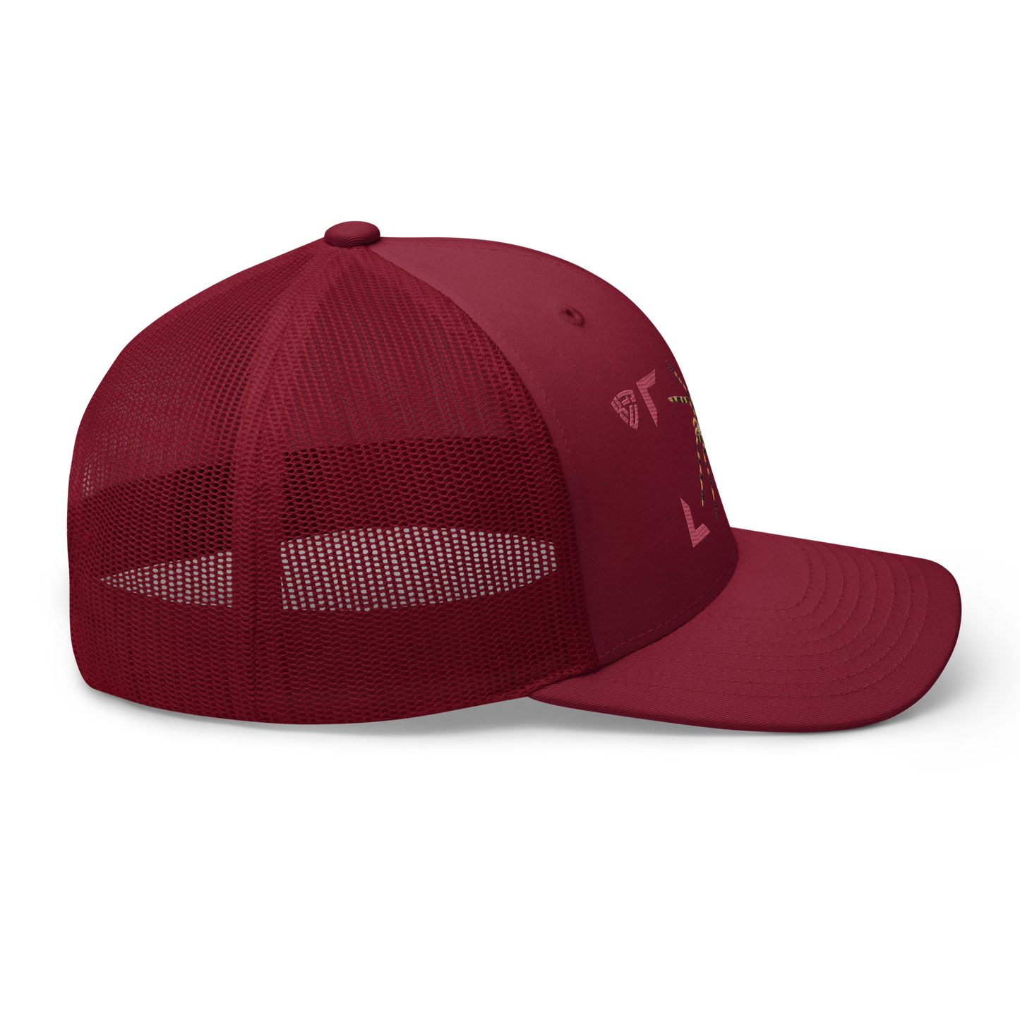 Wasp Spider "Argiope bruennichi" Embroidered Cranberry Red Trucker Hat Right Mockup