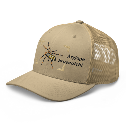 Wasp Spider "Argiope bruennichi" Embroidered Khaki Trucker Hat Left Front Mockup