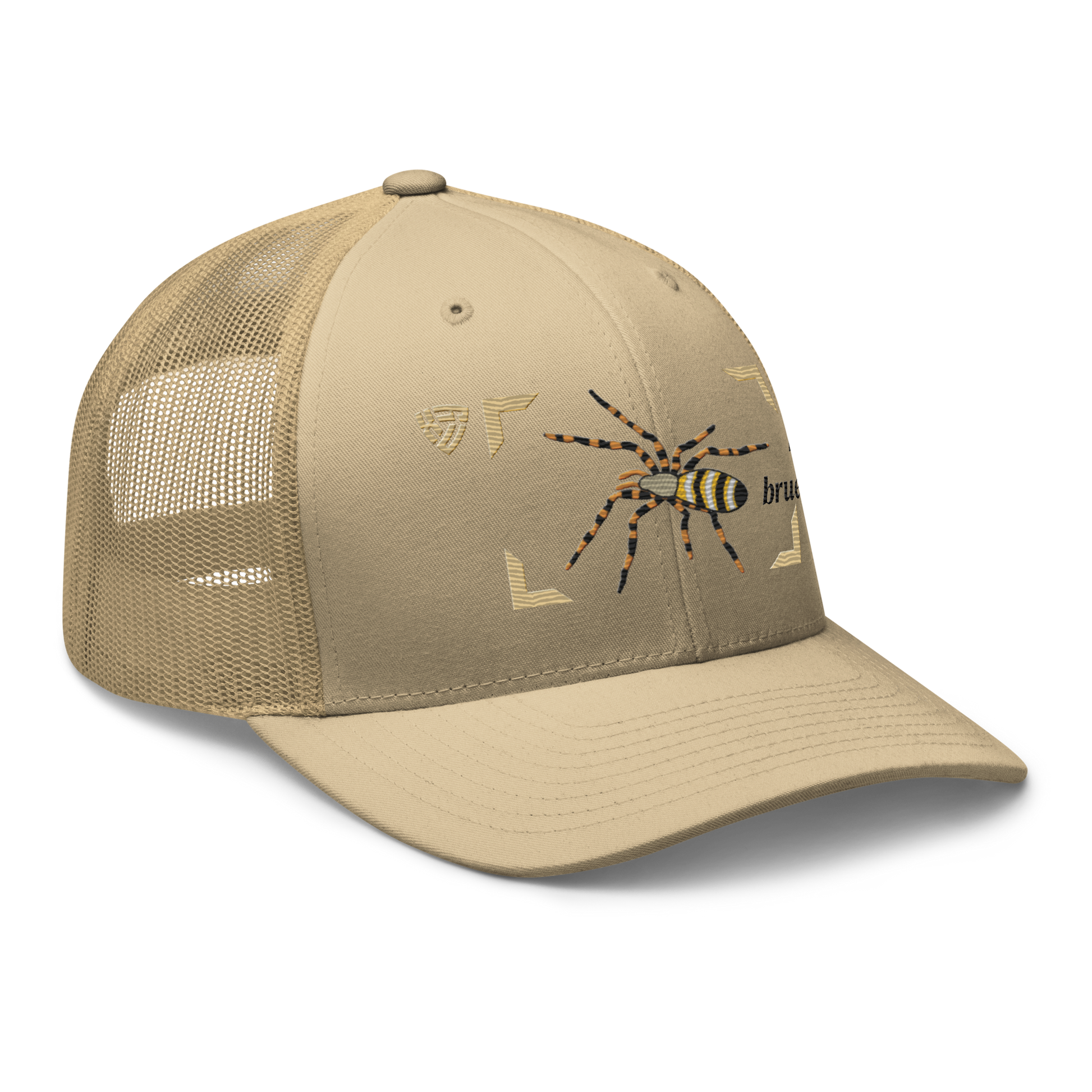 Wasp Spider "Argiope bruennichi" Embroidered Khaki Trucker Hat Right Front Mockup