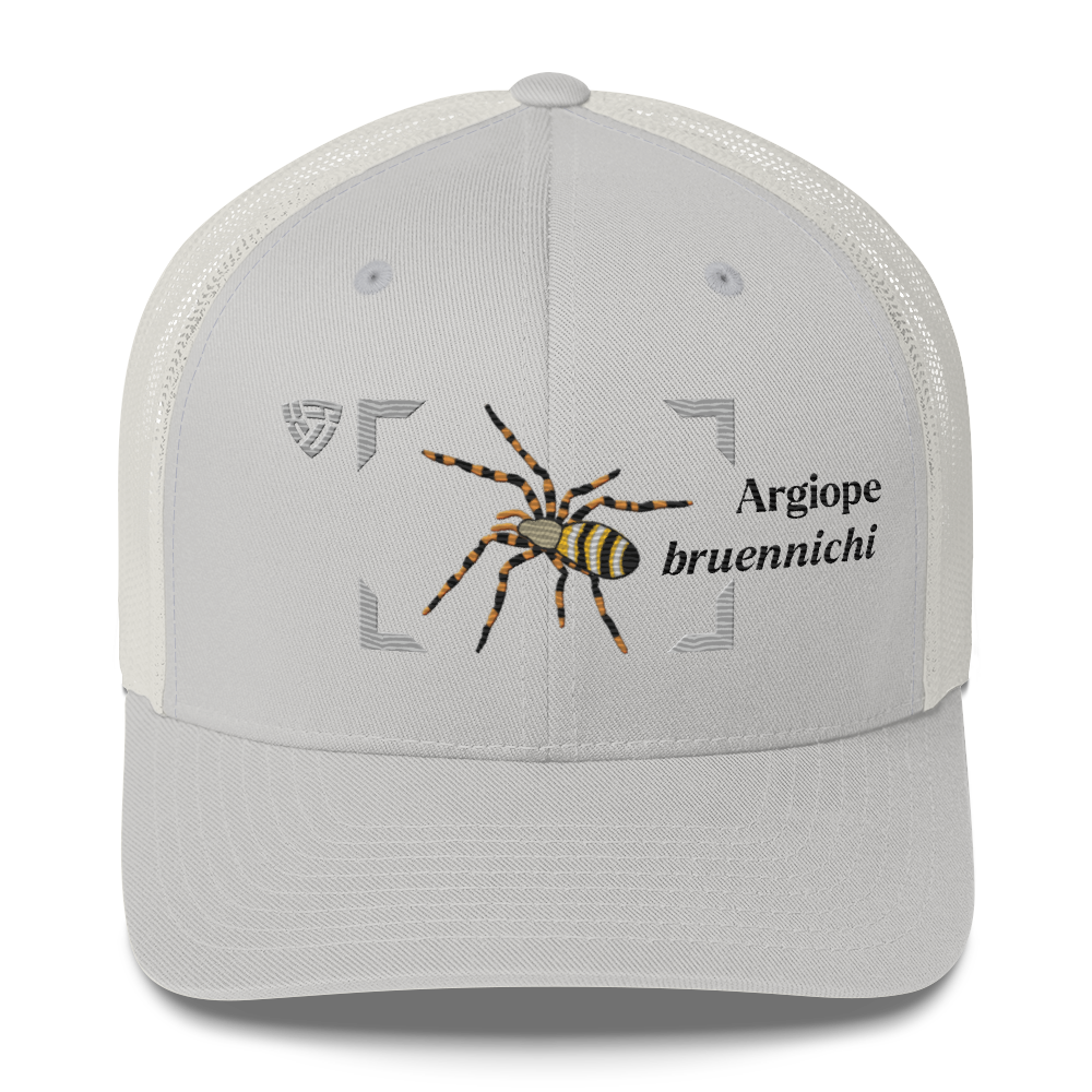 Wasp Spider "Argiope bruennichi" Embroidered Silver Trucker Hat Front Mockup