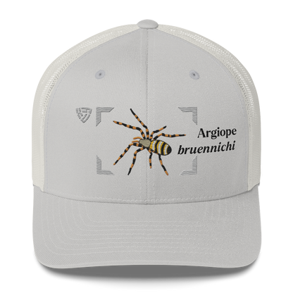 Wasp Spider "Argiope bruennichi" Embroidered Silver Trucker Hat Front Mockup