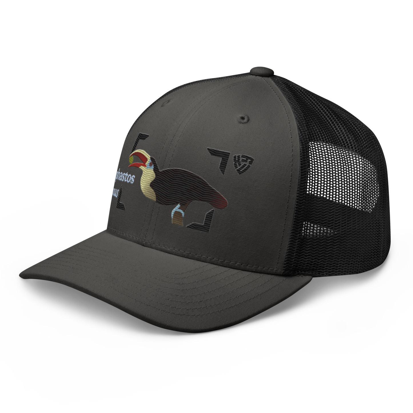 White-throated Toucan "Ramphastos tucanus" Embroidered Charcoal Grey & Black Trucker Hat Left Front Mockup